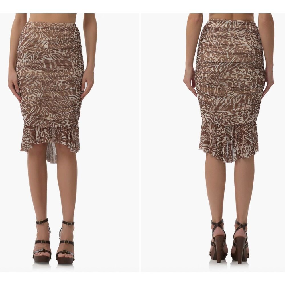 NWT AFRM Taupe Animal Print Ruched Mesh Midi Skirt Size XL